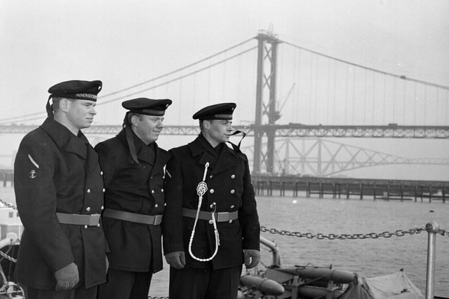 Three seamen from the 4th Mine-sweeping Squadron of the West German Federal Navy after landing at Queensferry's Port Edgar in December 1963.