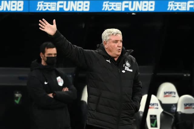 Newcastle United's head coach Steve Bruce gestures from the sidelines during the English Premier League football match between Newcastle United and Aston Villa at St James's Park.