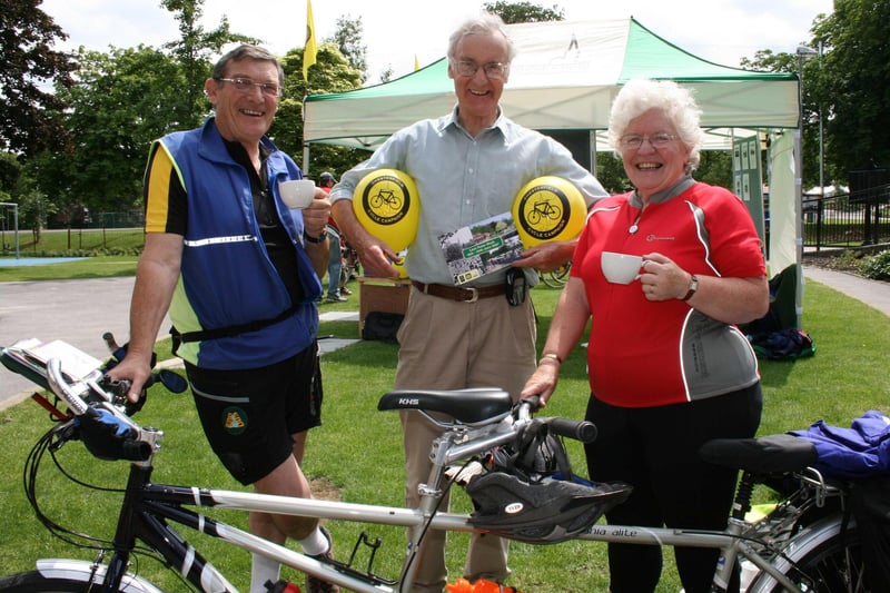 Dave and Yvonne Boon, from Bristol, cycled in on their tandem and are pictured having a cup of tea with Barry Kay, vice-chair of Chesterfield Cycle Campaign. The Boons visited Chesterfield while on their way back from York to Bristol and cycled in to Queen's Park from Sutton Scarsdale in 2007
