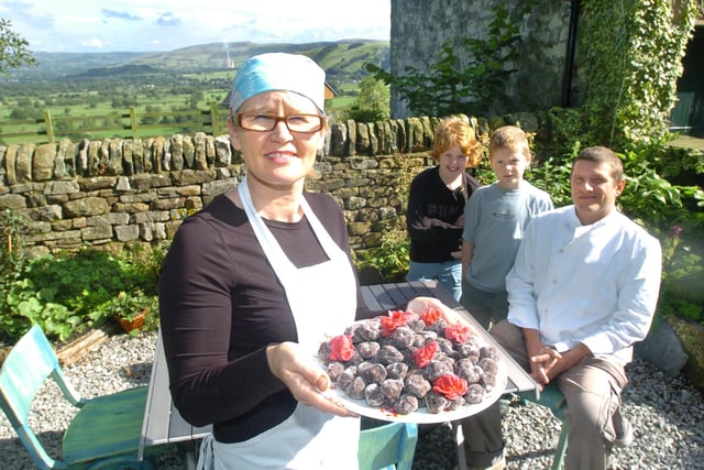 Pictured at Mam  Farm, at the foot of Mam Tor, Castleton home of the Cocoadance luxury chocolate factory in 2005. Seen is Bridget Joyce who runs the project with her partner David Golubows, who are seen with their sons Zeb 9, and Beck 7.
