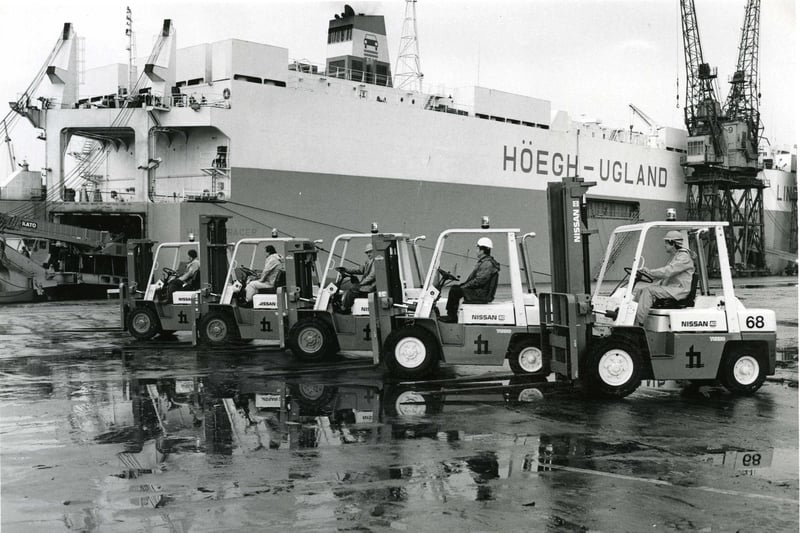 New forklifts on show in Hartlepool docks in July 1987. Did you work there?