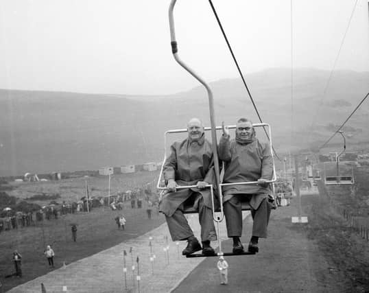Philanthropist George Boyd Anderson and Lord Provost Herbert Brechin at the opening of Hillend's chairlift in October 1966.