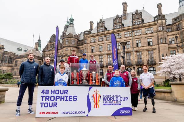 Sports clubs from across Sheffield teamed up to welcome the Rugby League World Cup trophies to the city. Photo: Will Palmer/SWpix.com.