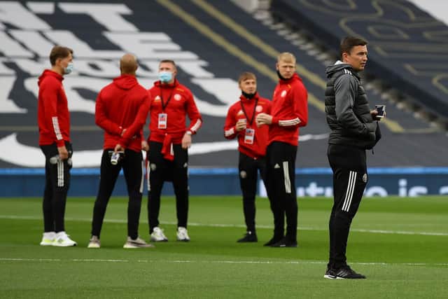London, England, 2nd May 2021. The team and Paul Heckingbottom interim manager of Sheffield Utd take a look at the stadium  during the Premier League match at the Tottenham Hotspur Stadium, London. Picture credit should read: David Klein / Sportimage