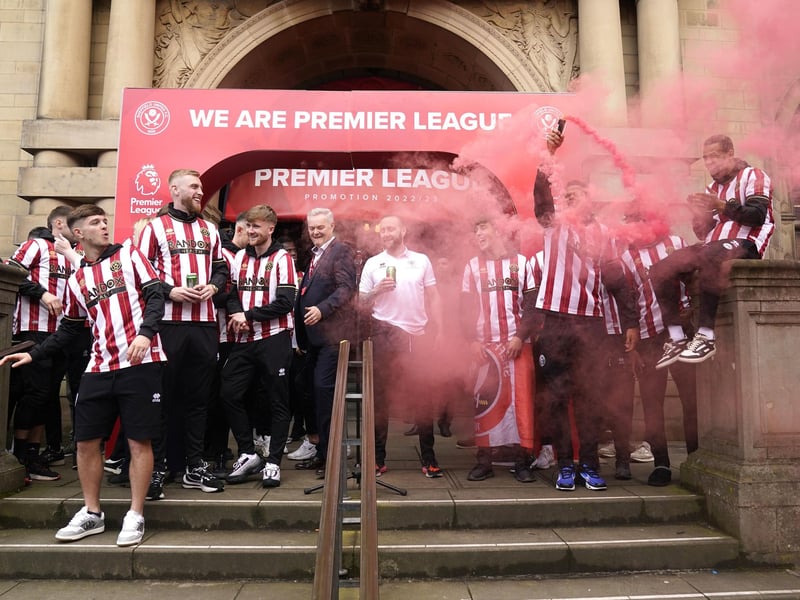 Sheffield United's players celebrate their promotion to the Premier League