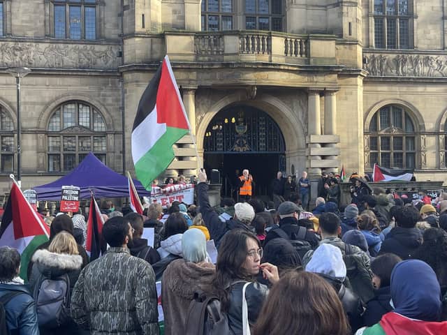 Free Palestine protest outside Sheffield Town Hall. Sheffield Council said it would review its policy on Town Hall flags but refused to apologise for hoisting the Israeli flag after a backlash.