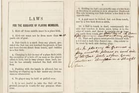 Undated Sotheby's handout photo of a copy of the earliest printed rules of football, which will be auctioned later this month and is expected to fetch more than ??50,000. Issue date: Tuesday July 6, 2021. PA Photo. One of two surviving copies of the rules printed in 1859 by the world???s first football club, Sheffield Football Club, will be sold at Sotheby???s on July 20, with online bidding opening from July 12. See PA story SALE Football. Photo credit should read: Sotheby's /PA WireNOTE TO EDITORS: This handout photo may only be used in for editorial reporting purposes for the contemporaneous illustration of events, things or the people in the image or facts mentioned in the caption. Reuse of the picture may require further permission from the copyright holder. 
