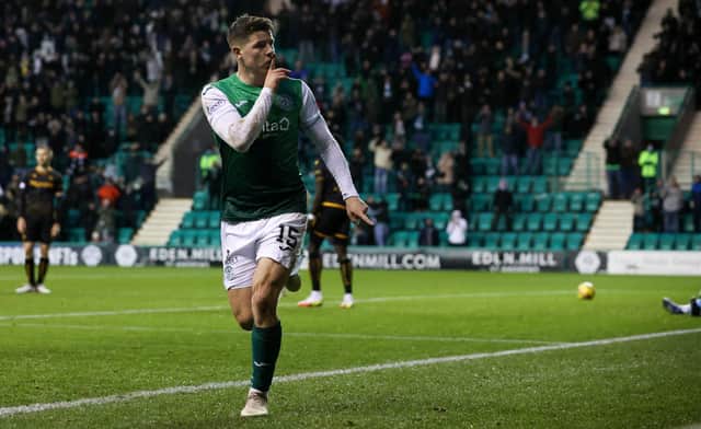 Kevin Nisbet celebrates making it 1-0 to Hibs during the cinch Premiership match with Motherwell. Picture: SNS