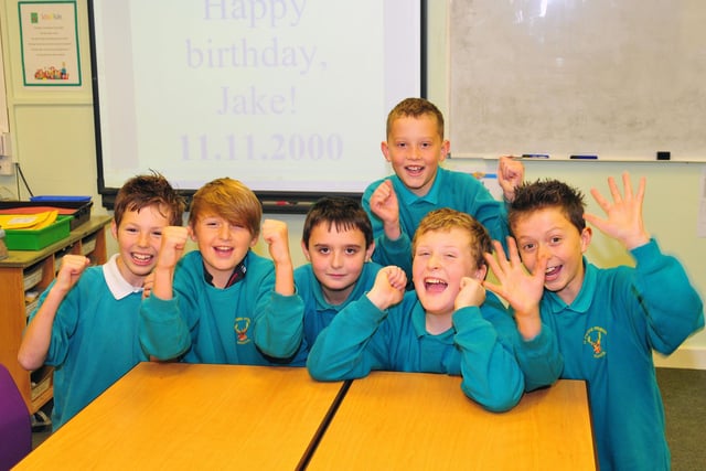 Clavering Primary school pupil Jake Bennett (3rd left) was 11 on the 11-11-11. He is pictured with his fellow class mates (left to right) Cole Richardson, Harrison Wright, Jonathan Elvin (standing) Thomas Burton and Jacob Hatton-Smith.
