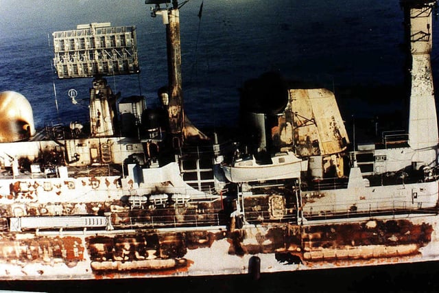1982 The charred remains of HMS Sheffield