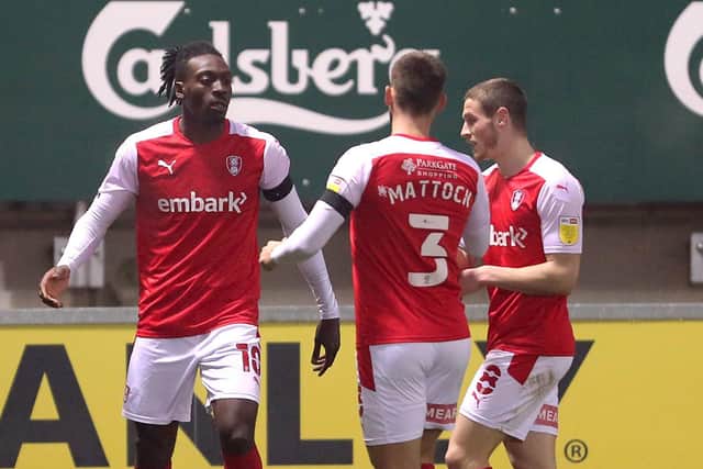 Rotherham United's Freddie Ladapo celebrates scoring his side's first goal in the 2-2 draw with AFC Bournemouth at the AESSEAL New York Stadium on Saturday. Photo: Richard Sellers/PA Wire.