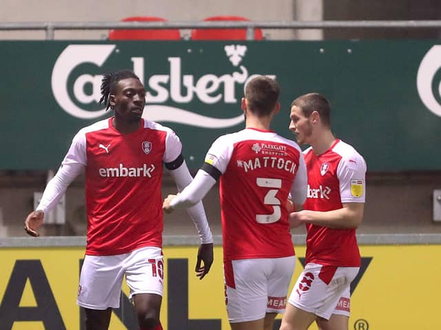 Rotherham United's Freddie Ladapo celebrates scoring his side's first goal in the 2-2 draw with AFC Bournemouth at the AESSEAL New York Stadium on Saturday. Photo: Richard Sellers/PA Wire.