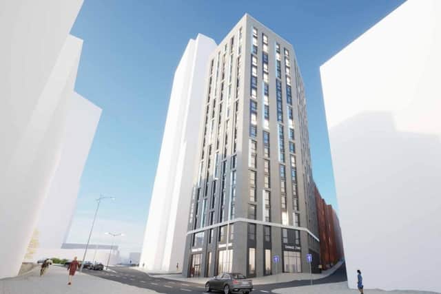 How the 17-storey tower block planned for the Hollis Croft site in Sheffield city centre would look. Picture: den architects