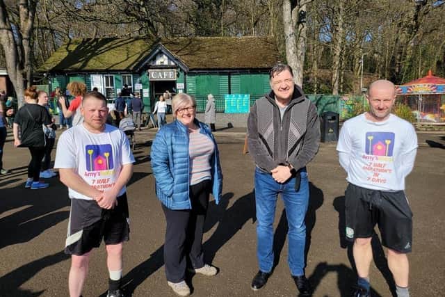 Neil Rhodes (far right) with Dean Bagley (far left) who helped him raise funds for Amy's House, Jayne Beckett (Amy & Molly’s mum) and Michael Monaghan (chairman of Amy’s house.