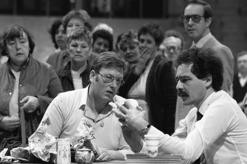 David Battie, right, of the BBC TV programme Antiques Roadshow is busy in a valuation at Crowtree Leisure Centre in 1984.