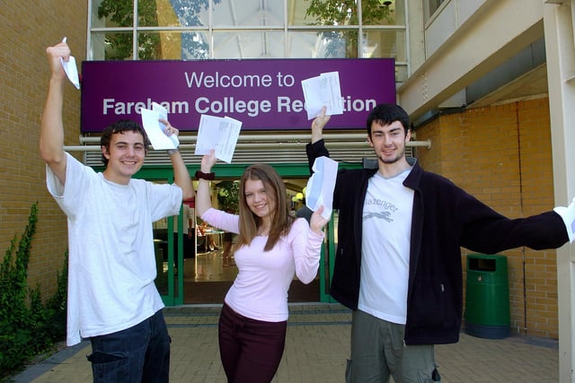 (left to right), Scott Ellis (19), Joanne Hall (18), and James Baldwin (11) celebrate their A level results at Fareham College in 2005. Picture: Ian Hargreaves (053885-4)