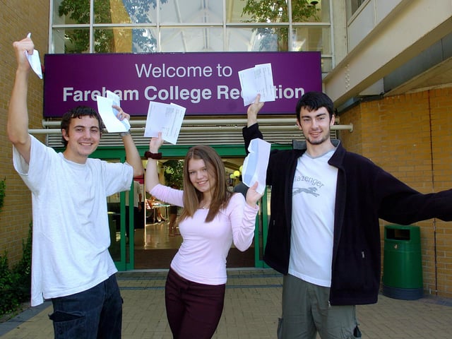 (left to right), Scott Ellis (19), Joanne Hall (18), and James Baldwin (11) celebrate their A level results at Fareham College in 2005. Picture: Ian Hargreaves (053885-4)
