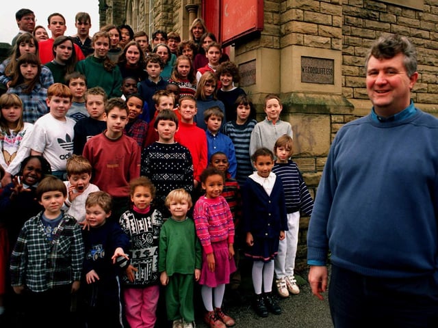 Mr Walze, headteacher of Sheffield's 'smallest' school, Bethany School, on Anns Road, Heeley, with pupils and teachers in 1997