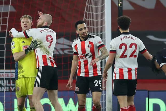 Sheffield United players celebrate at the final whistle after beating Aston Villa on Wednesday night. Simon Bellis/Sportimage