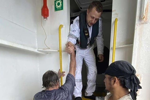 Stuart is welcomed aboard by the crew of the Angeles
