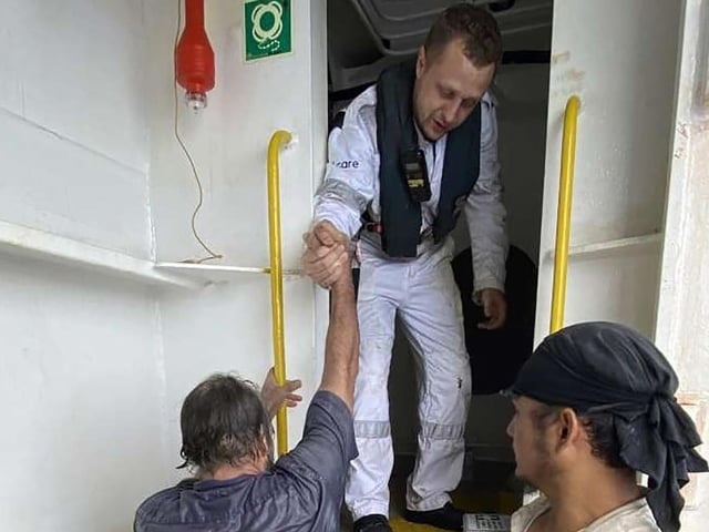 Stuart is welcomed aboard by the crew of the Angeles