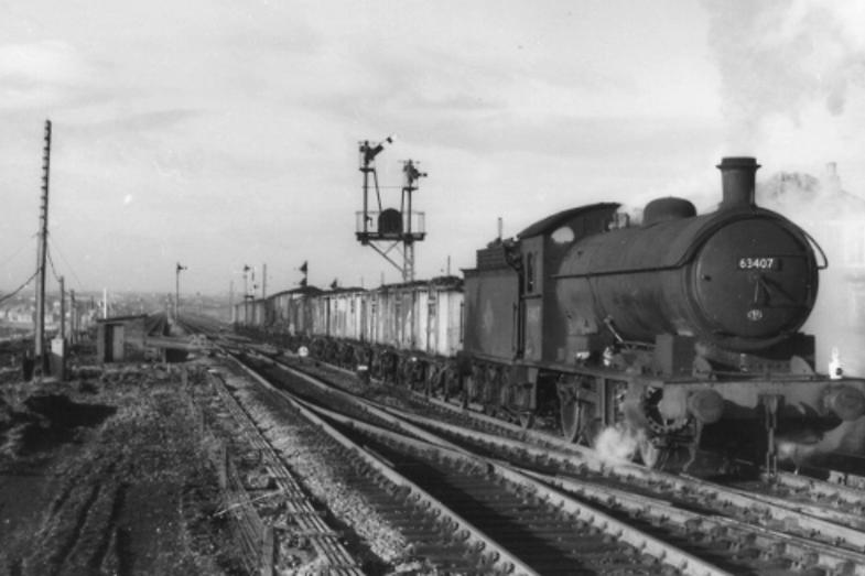 The Q6 locomotive 63407 is pictured here hauling coal wagons at the Cemetery North Junction. Photo: Hartlepool Library Service.