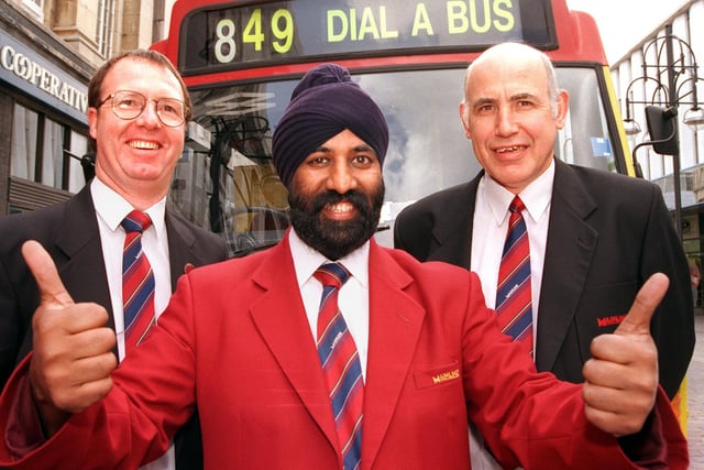 Jarnel Singh celebrated being the first sikh in Doncaster to qualify to drive a mobility bus back in 1998. With him are his instructors Peter Mair and Charles Clark.