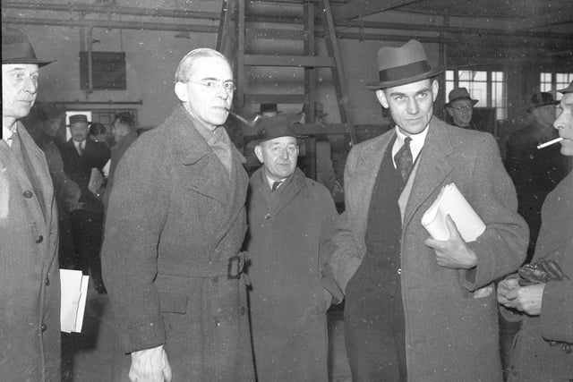 Sir Stafford Cripps, President of the Board of Trade (left), viewing a factory which was under construction at Pallion Trading Estate,  in 1946.