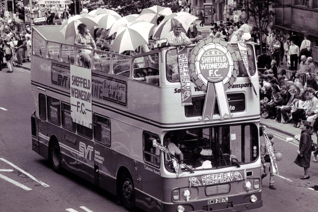 Sheffield Wednesday's bus passes in front of the Town Hall
 during the Lord Mayor's Parade - 6th June 1988