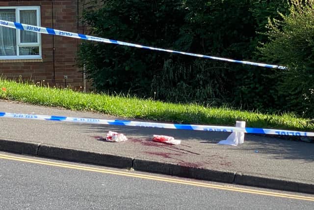 Blood can be seen on a pavement on Firshill Crescent, Shirecliffe, this morning  (Photo: Rahmah Ghazali)