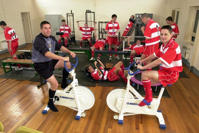 Doncaster Rovers youth team players train in the gym at the Club's Cantley Park training ground in 2002
