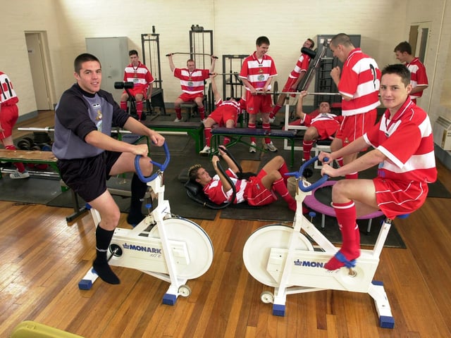 Doncaster Rovers youth team players train in the gym at the Club's Cantley Park training ground in 2002