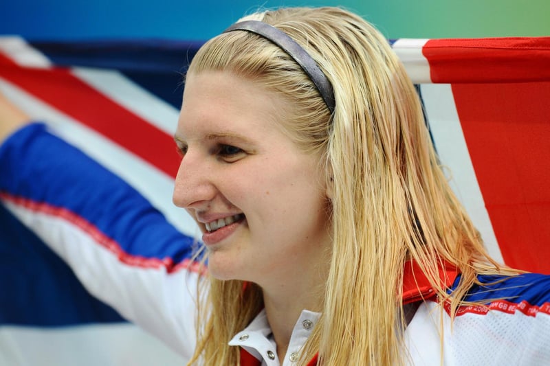 Rebecca Adlington poses after the women's 800m freestyle final medal ceremony.