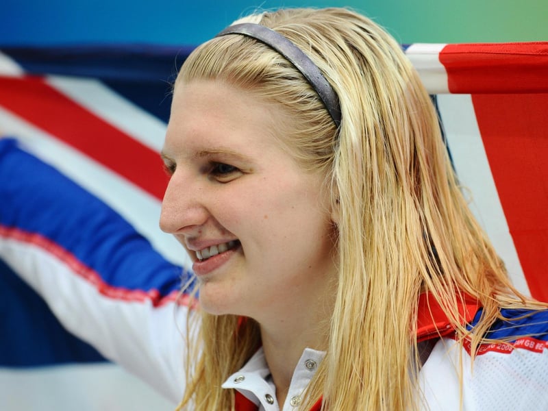 Rebecca Adlington poses after the women's 800m freestyle final medal ceremony.