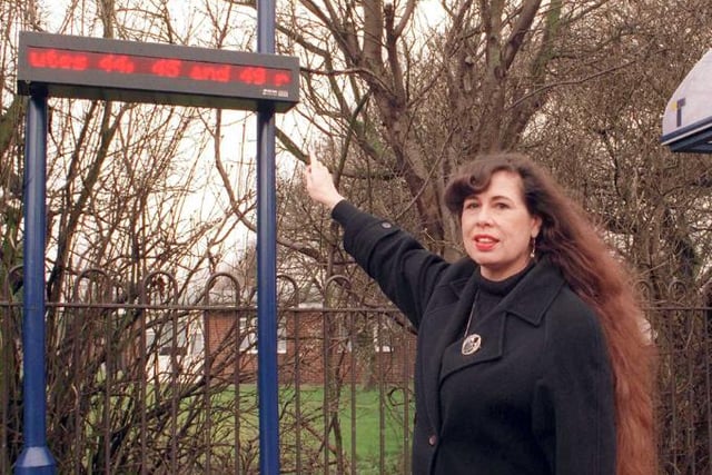 Cllr Marie Lane with the brand new bus stop installed in Sprotbrough in 1999.
