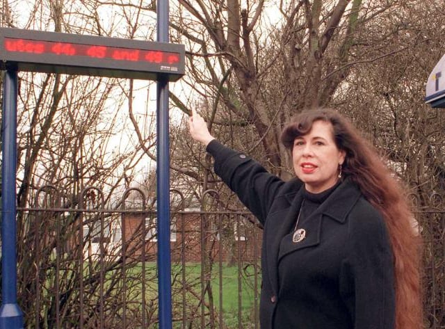 Cllr Marie Lane with the brand new bus stop installed in Sprotbrough in 1999.