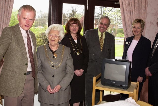The Mayor and Mayoress of Doncaster, Councillor Margaret Robinson and Janet Rivett (second and third left), and Doncaster Council leader, Councillor Colin Wedd (fourth left), visited St John's Hospice In 2000. Our picture shows them being shown round by Cancer Detection Trust chairman John Clark (left), watched by Hospice matron Brenda Collins and CDT vice-chairman Mark Toseland.