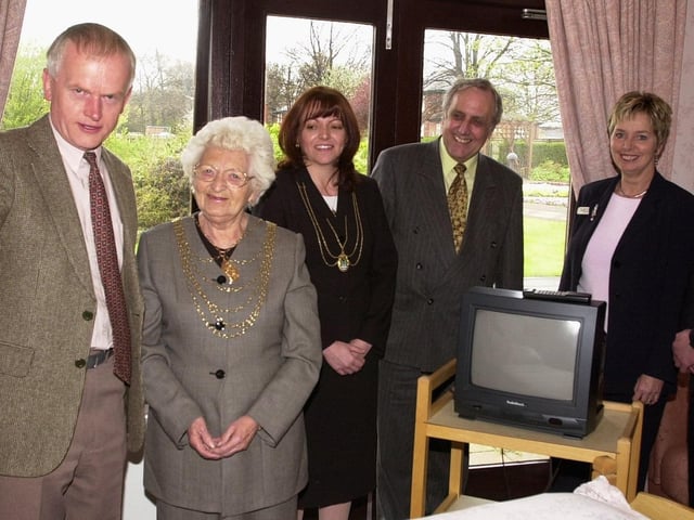 The Mayor and Mayoress of Doncaster, Councillor Margaret Robinson and Janet Rivett (second and third left), and Doncaster Council leader, Councillor Colin Wedd (fourth left), visited St John's Hospice In 2000. Our picture shows them being shown round by Cancer Detection Trust chairman John Clark (left), watched by Hospice matron Brenda Collins and CDT vice-chairman Mark Toseland.