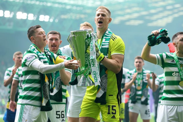 Celtic keeper Joe Hart celebrates at the end of a successful season which saw the former England No.1 rediscover his best form between the posts