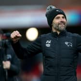 Derby County manager Paul Warne celebrates after victory over Accrington Stanley: Barrington Coombs/PA Wire.