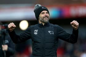 Derby County manager Paul Warne celebrates after victory over Accrington Stanley: Barrington Coombs/PA Wire.