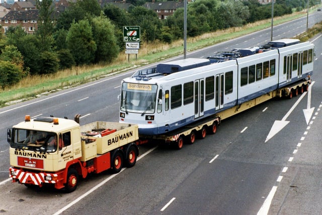 Supertram arrived in Sheffield on the back of a low loader along the Parkway to the depot in Nunnery Lane  in August 1993