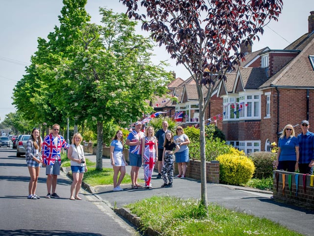 Neighbours celebrating with social distancing in Woodfield Avenue, Farlington