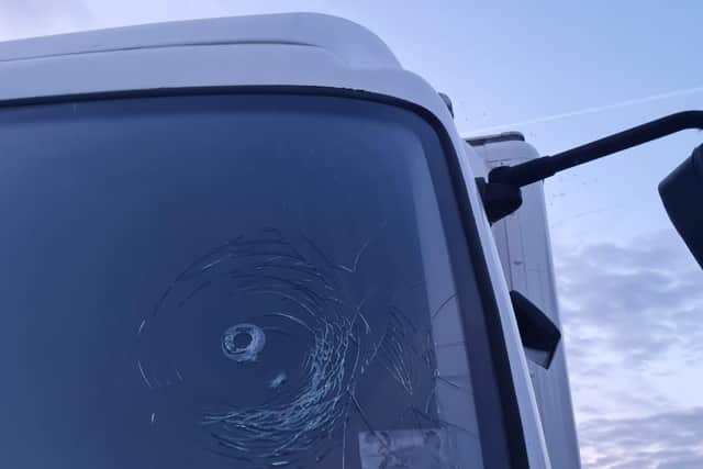 Damage to the windscreen of one of the vans at Circus Cortex in Sheffield - director Irina Archer says youngsters were seen throwing golf balls