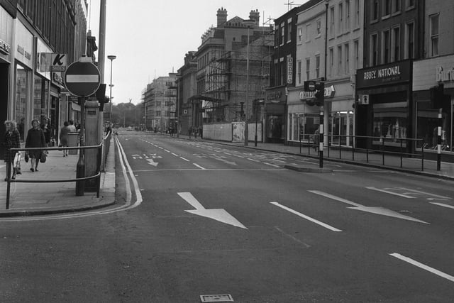 Burtons, Hardy and Co, Dunn and Co and K Shoes are all pictured in this shot of a nearly deserted Fawcett Street on Cup Final day/