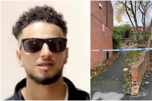 (Left) The 20-year-old murder victim has been named on social media (Right) The crime scene cordoned off this morning.