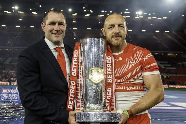 Kristian Woolf and James Roby with the Betfred Super League trophy. (Picture: Allan McKenzie/SWpix.com)