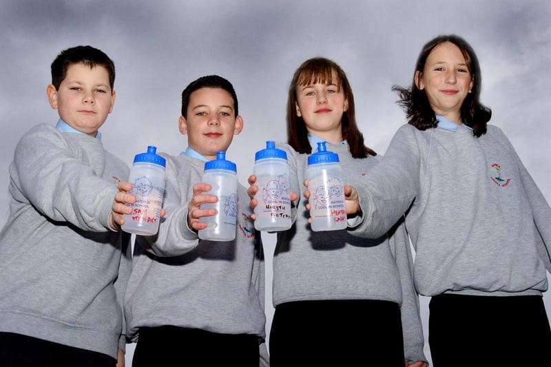 Pupils from Amble Middle School  promoting healthy living by drinking more water.