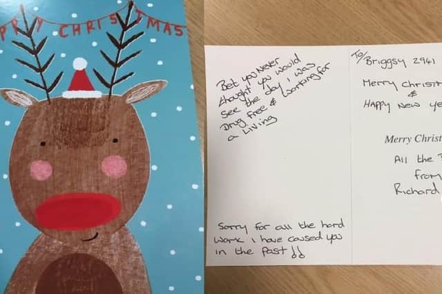 A former Sheffield drug addict sent a Christmas card to a police officer apologising for the 'hard work' he caused him.