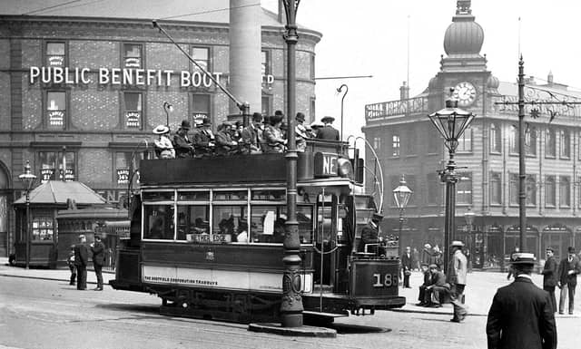 Tram No 185 bound for Nether Edge is pictured at Sheffield Moorhead